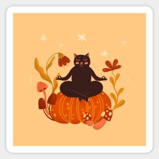 Cute cat meditation on pumpkin. Halloween autumn seasonal illustration Sticker